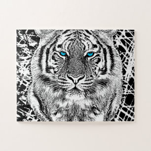 Schwarz-Weiß-blaue Augen Tiger Graphic Puzzle