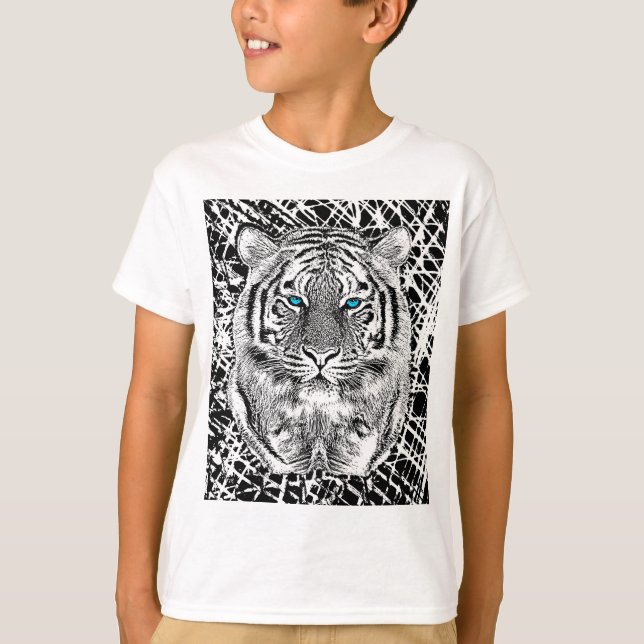 Schwarz-Weiß-blaue Augen Tiger Graphic T-Shirt (Vorderseite)