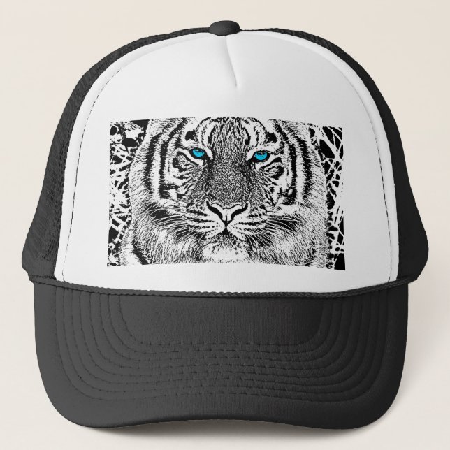 Schwarz-Weiß-blaue Augen Tiger Graphic Truckerkappe (Vorderseite)