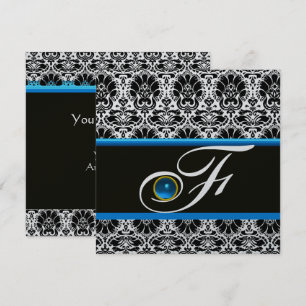 SCHWARZ WEISS BLAUE DAMAST-MONOGRAMM Saphir Silber Einladung