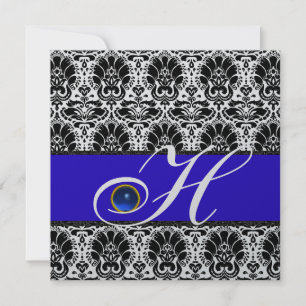 SCHWARZ WEIß BLAUER DAMAST MONOGRAMM Saphir Silber Einladung