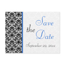 Schwarz, Weiß, Blue Damask Save the Date Postkarte
