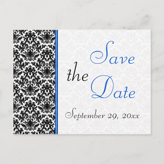 Schwarz, Weiß, Blue Damask Save the Date Postkarte (Vorderseite)