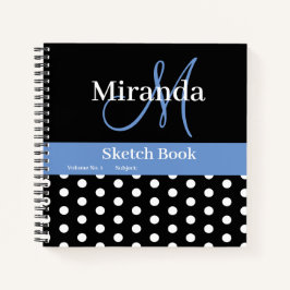 Schwarz-weiß Blue Monogram Polka Dots Sketch Notizbuch