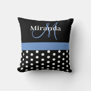 Schwarz-weiß Blue Monogram Script Polka Dots Kissen