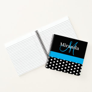 Schwarz-weiß Blue Monogram Script Polka Dots Notizbuch