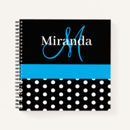 Schwarz-weiß Blue Monogram Script Polka Dots Notizbuch