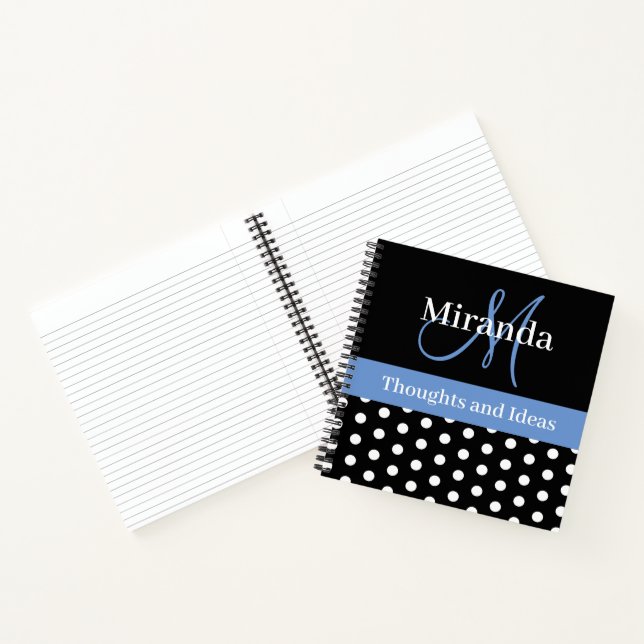 Schwarz-weiß Blue Monogram Script Polka Dots Notizbuch (Innenseite)
