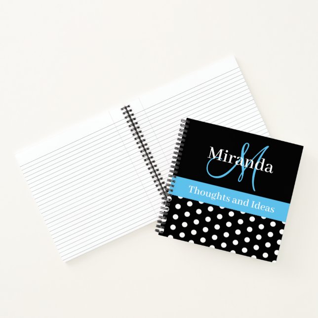 Schwarz-weiß Blue Monogram Script Polka Dots Notizbuch (Innenseite)