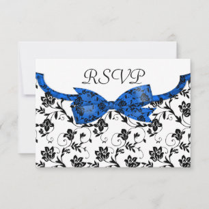 Schwarz-weiß & Blue Wedding Satin Floral RSVP Karte