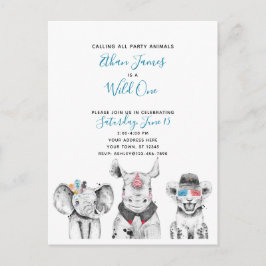 Schwarz-weiß Blue Wild One Boys Geburtstagsparty Einladungspostkarte