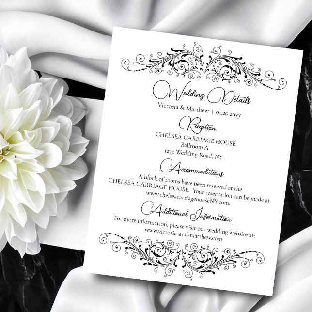 Schwarz-Weiß-Blüh Elegance Hochzeitsstimmung Begleitkarte (Black and White Flourish Elegance details card to include with your wedding invite.)