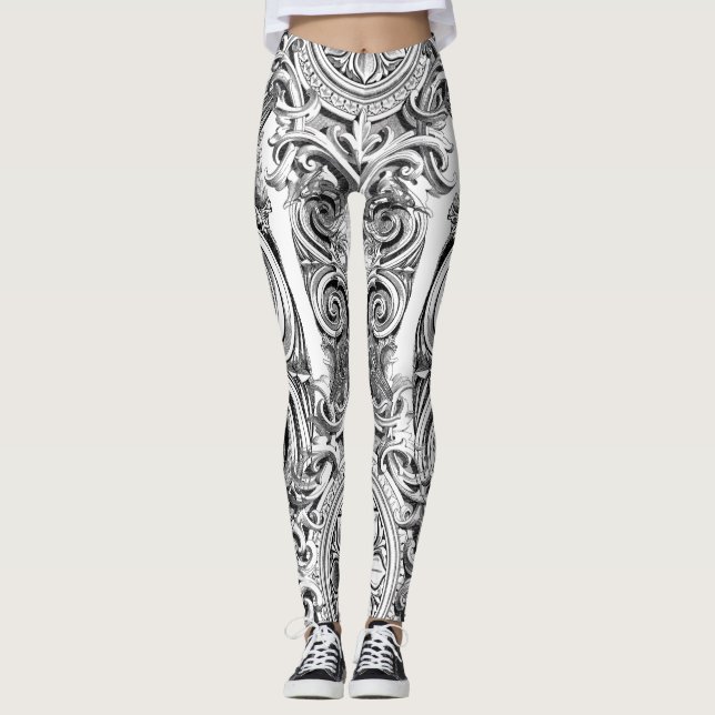 Schwarz-Weiß-Blüh Leggings (Vorderseite)