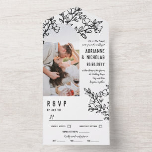 Schwarz Weiß Blühende Zweige Foto Hochzeit All In One Einladung