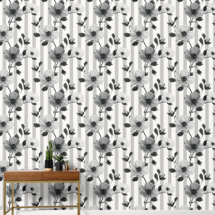 Schwarz-Weiß-Blume auf vertikalen Linien-Mustern Tapete