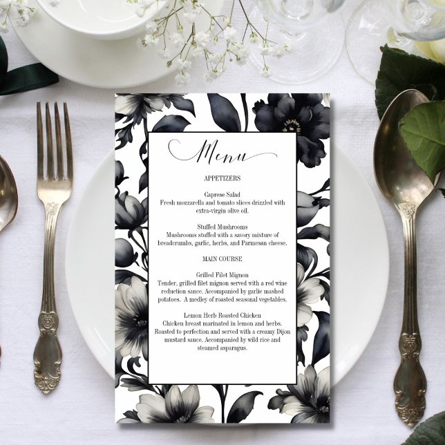 Schwarz-Weiß-Blume elegantes Hochzeitsmenü (Black and white flowers elegant wedding menu car template)