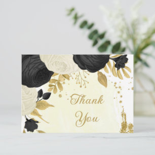 Schwarz-Weiß-Blume-Goldhochzeit Dankeskarte