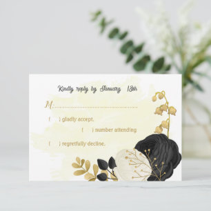 Schwarz-Weiß-Blume-Goldhochzeit RSVP Karte