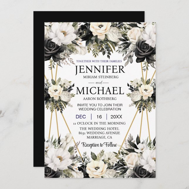 Schwarz-Weiß-Blume Hochzeitsfeiern Einladung (Vorne/Hinten)