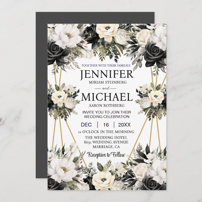 Schwarz-Weiß-Blume Hochzeitsfeiern Einladung (Vorne/Hinten)