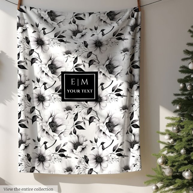 Schwarz-Weiß-Blume in Monogrammatik, gemütlich Fleecedecke (Monogramed black and white flowers blanket cozy)