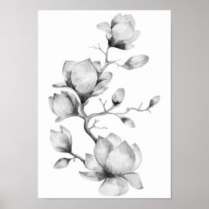 Schwarz-Weiß-Blume mit Aquarellfarben-Wandkunstpos Poster