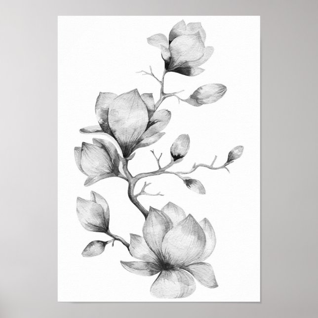 Schwarz-Weiß-Blume mit Aquarellfarben-Wandkunstpos Poster (Vorne)