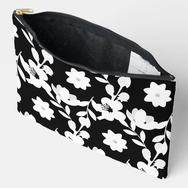 Schwarz-Weiß-Blume mit Perlen Zubehörtasche (Offen)
