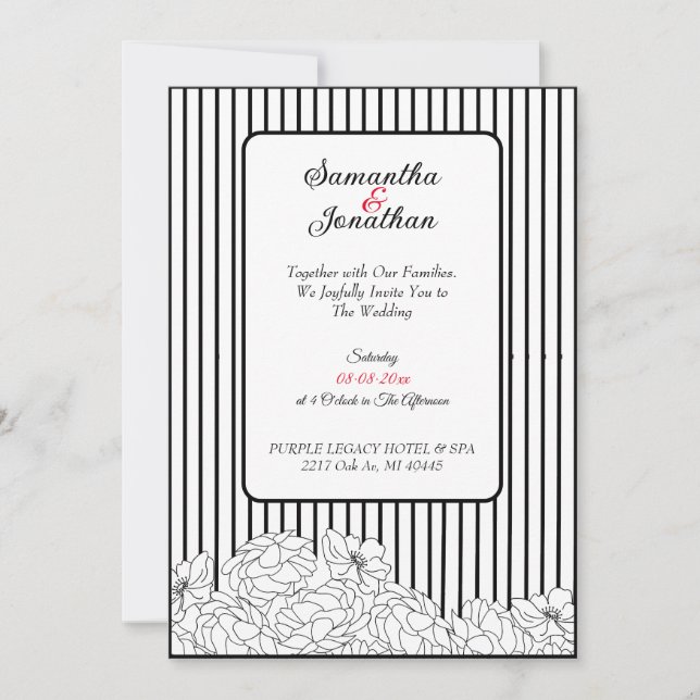 Schwarz-Weiß-Blume mit Streifen Hochzeit Einladung (Vorderseite)