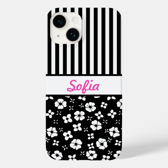 Schwarz/Weiß-Blume/Streifen Mit Monogramm Case-Mate iPhone Hülle (Rückseite)