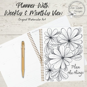 Schwarz-Weiß-Blume und Blätter-Design Planer