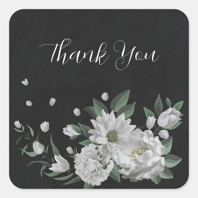 Schwarz-Weiß-Blume und grüne Blätter Quadratischer Aufkleber (Vorderseite)