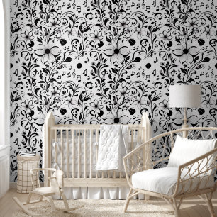 Schwarz-Weiß-Blume und Musikhinweise Tapete