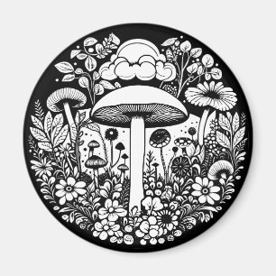 Schwarz-Weiß-Blume und Pilze Vintag Magnet