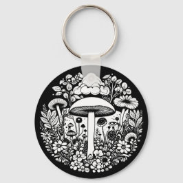Schwarz-Weiß-Blume und Pilze Vintag Schlüsselanhänger