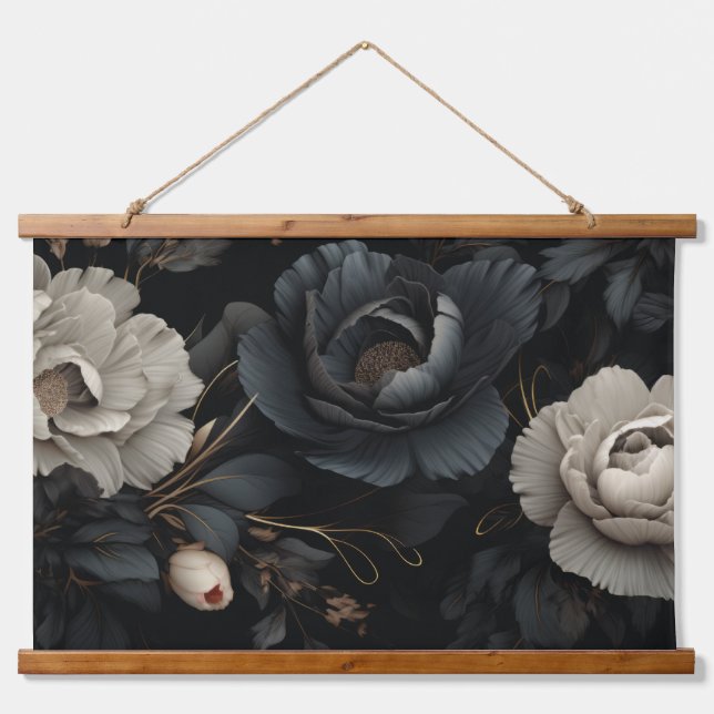 Schwarz-Weiß-Blume Wandteppich Mit Holzrahmen (Vorne)