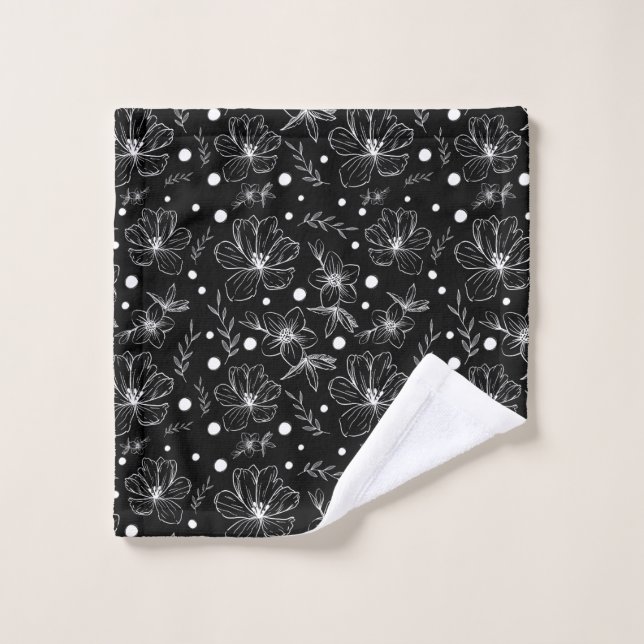 Schwarz-Weiß-Blumen Badhandtuch Set (Waschlappen)