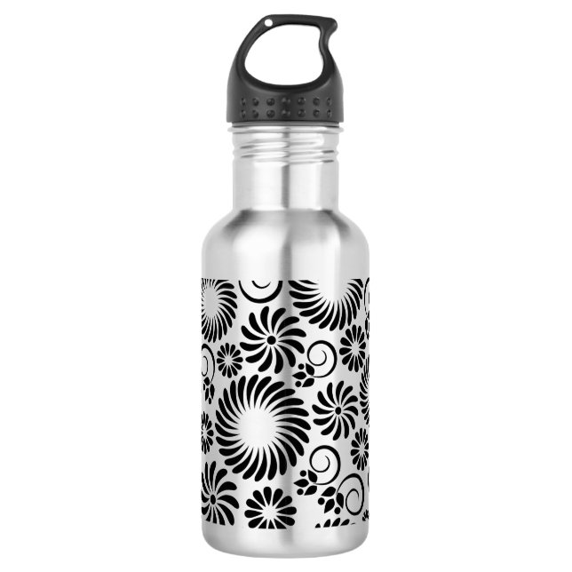 Schwarz-Weiß-Blumen Edelstahlflasche (Vorderseite)