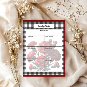 Schwarz-Weiß-Blumen-Gingham_ Pflegefähigkeiten Notizblock