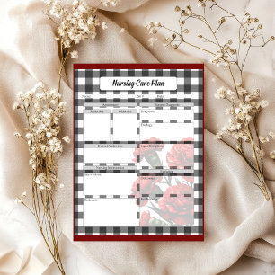 Schwarz-Weiß-Blumen-Gingham_ Pflegeplan Notizblock