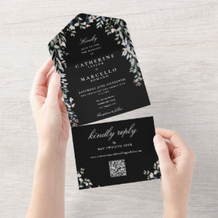 Schwarz-Weiß-Blumen-Grün-QR-Code-Hochzeit All In One Einladung