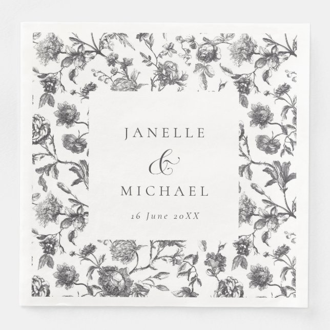 Schwarz-Weiß-Blumen-Hochzeit Serviette (Vorderseite)