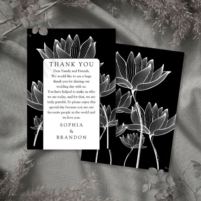Schwarz-Weiß-Blumen-Hochzeit Vielen Dank Platzkarte (Black And White Floral Wedding Thank You Place Card)