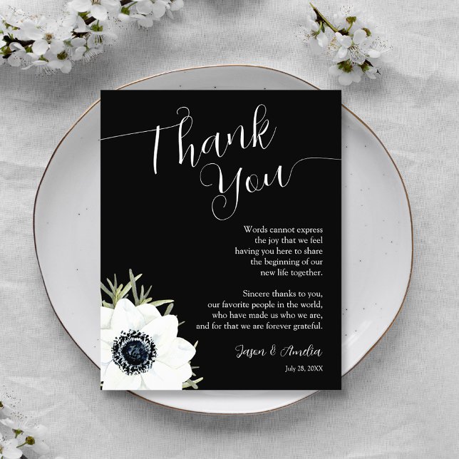 Schwarz-Weiß-Blumen-Hochzeitsempfang Dankeskarte (Black and White Floral Wedding Reception Plate Thank You Cards)