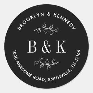 Schwarz-Weiß-Blumen-Hochzeitspaar-Rücksendeadresse Runder Aufkleber