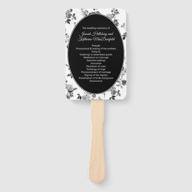 Schwarz-Weiß-Blumen-Hochzeitsprogramm Fächer (Vorderseite)