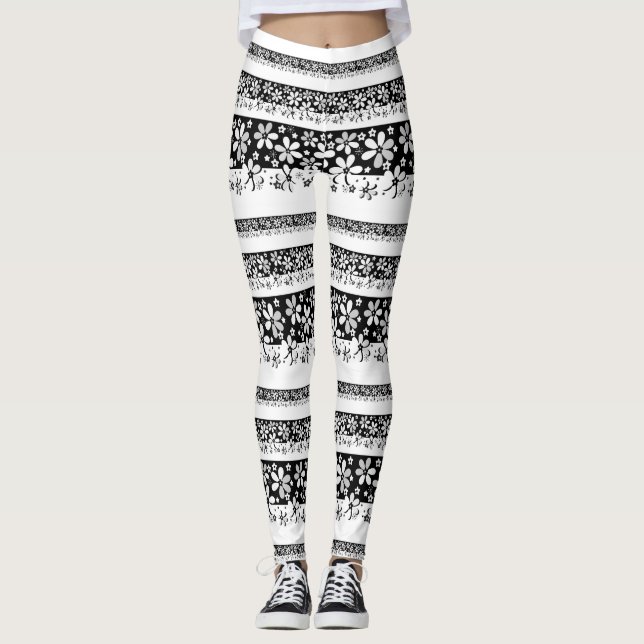Schwarz-Weiß-Blumen Leggings (Vorderseite)