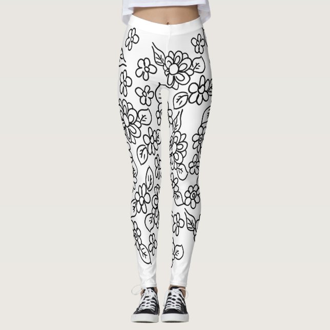 Schwarz-Weiß-Blumen Leggings (Vorderseite)