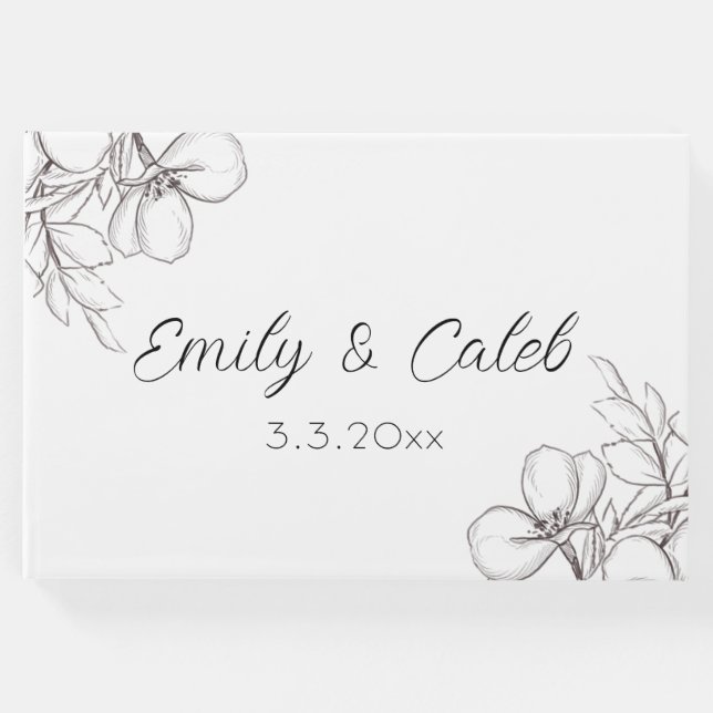 Schwarz-Weiß-Blumen-Linie Kunst Hochzeit Gästebuch (Vorderseite)