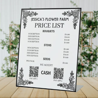 Schwarz-Weiß-Blumen-QR-Code-Geschäftspreisliste Sockelschild